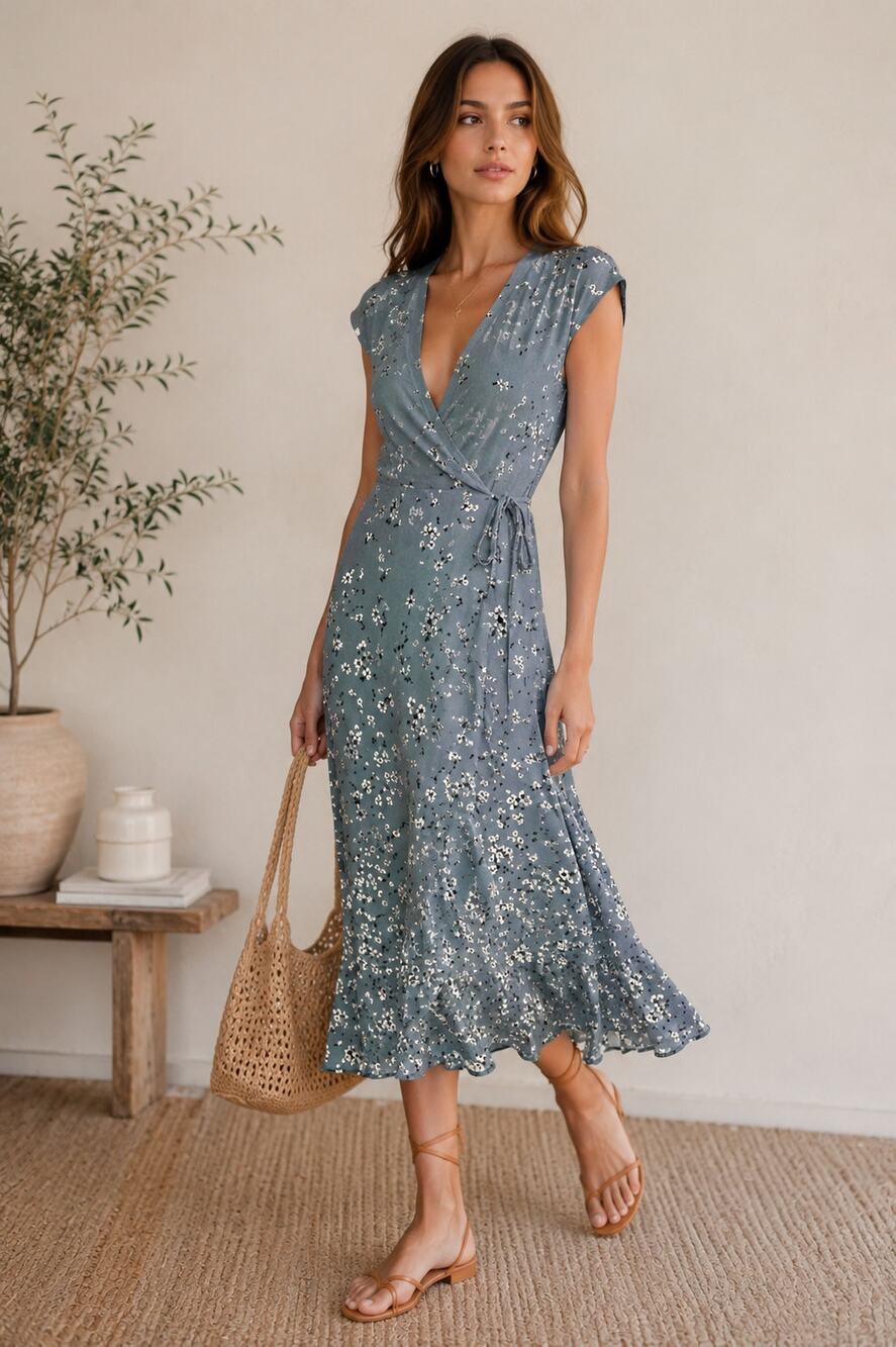 Reformation Mollie Wrap Midi Dress Fresco Blue Floral Made in USA NWT Rare Small